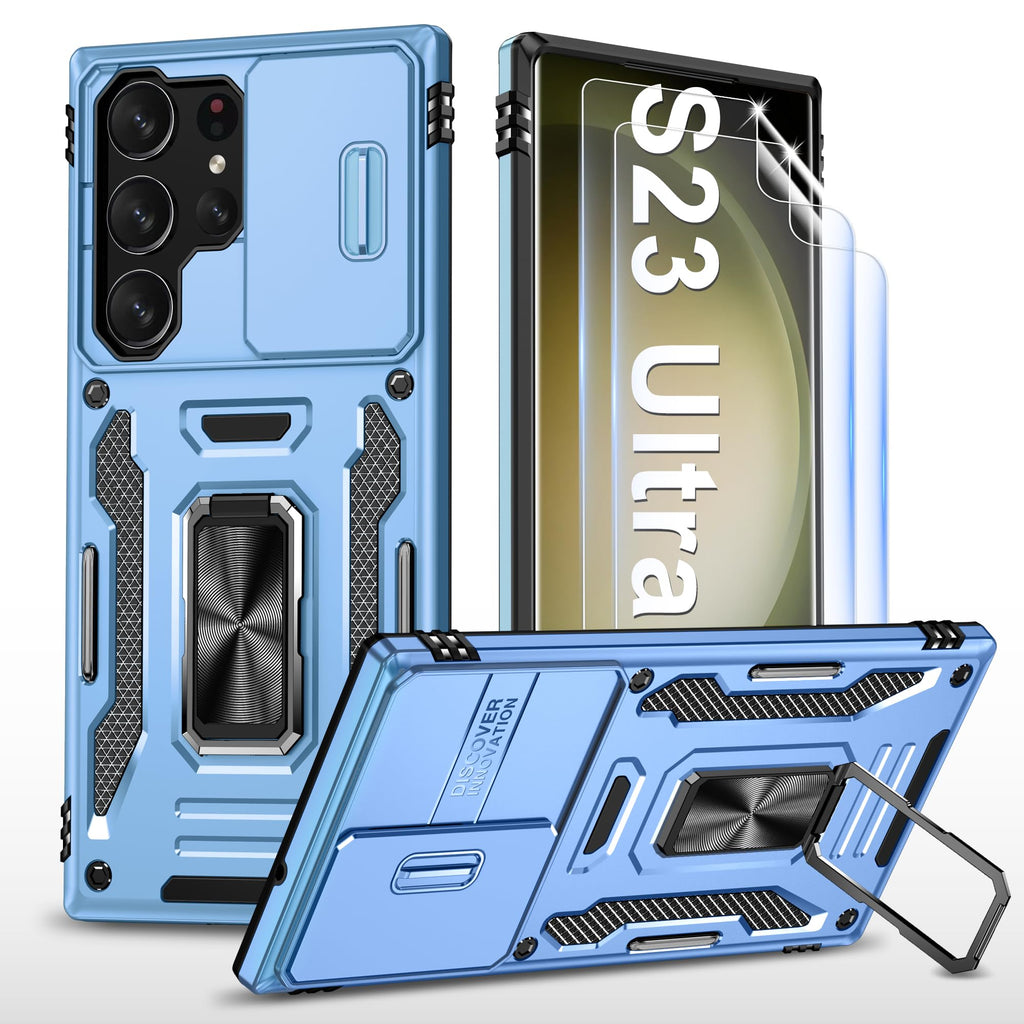 for Samsung Galaxy S23 Ultra Case with Camera Cover & 2 Screen ProtectorsMilitary Grade Heavy Duty Shockproof for Samsung S23 Ultra CoverMagnetic Kickstand Case for Galaxy S23 Ultra 5GLight Blue