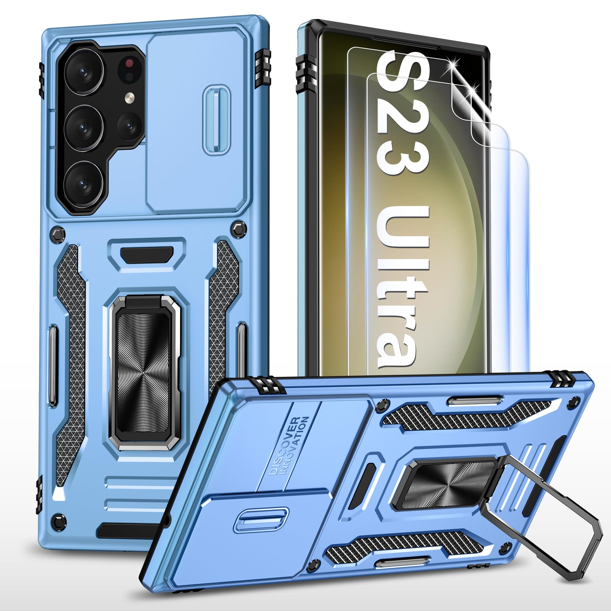 for Samsung Galaxy S23 Ultra Case with Camera Cover & 2 Screen ProtectorsMilitary Grade Heavy Duty Shockproof for Samsung S23 Ultra CoverMagnetic Kickstand Case for Galaxy S23 Ultra 5GLight Blue
