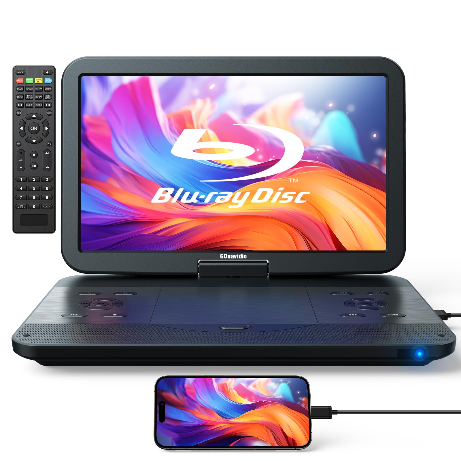 17.6" Portable Blu Ray DVD Player with 15.4" Screen HDMI Input/Output Sync Screen 5 Hours Playing Time 1080P MP4 MKV Video Surround Audio USB SD
